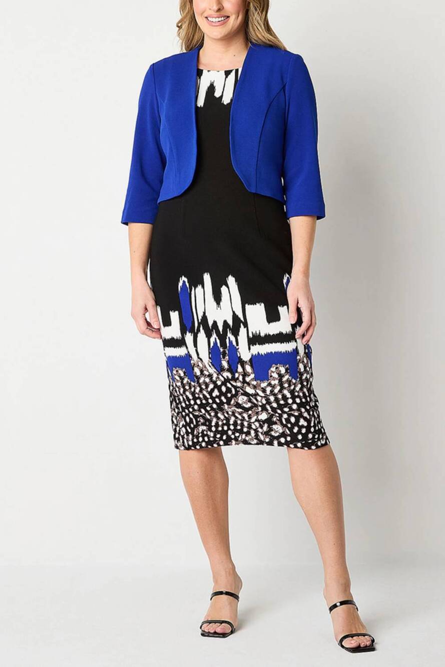 NEW MAYA BROOKE abstract print cropped jacket dress in cobalt black